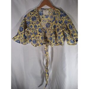 Beyond Haute Yellow Blue Floral Print Tie Front Cropped‎ Blouse Top Women's Sz S